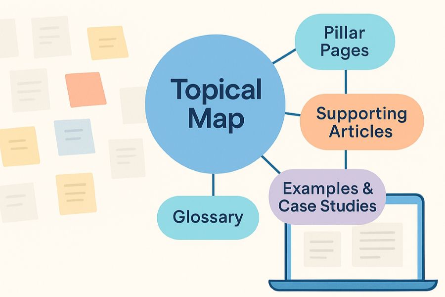 opical map illustration showing SEO content clusters around one main topic